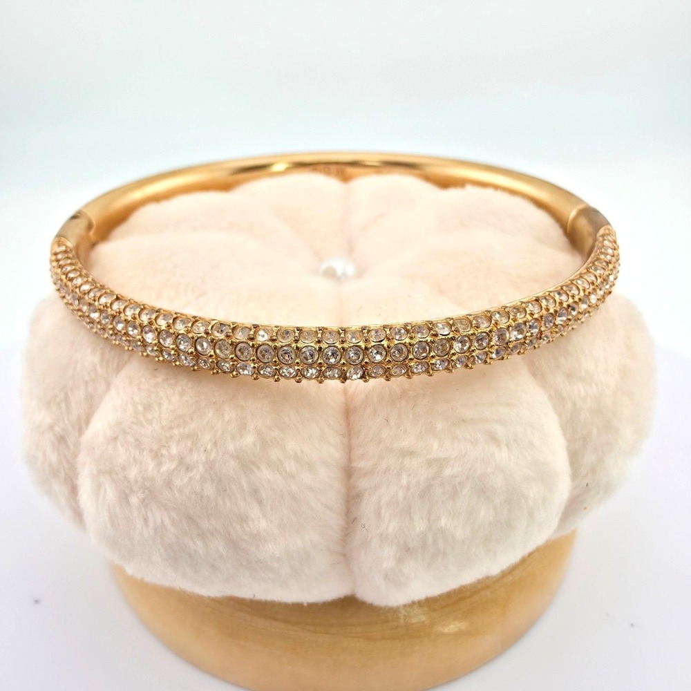 Vtg SWAROVSKI Bracelet Hinged Bangle Triple Row Pavé Set Crystals Gold Plate 7"